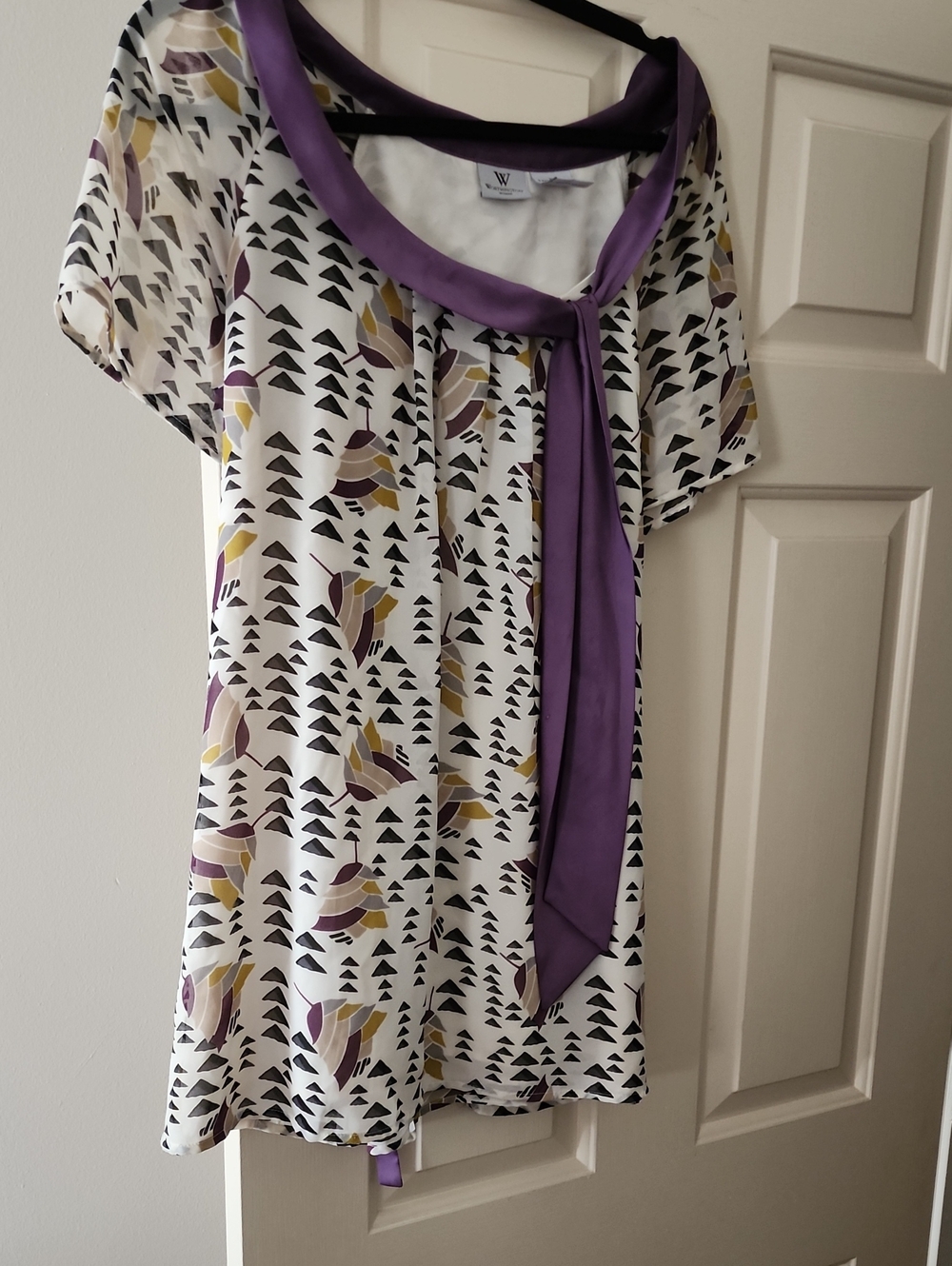 Worthington White Blouse with Purple Tie and Geometric Print